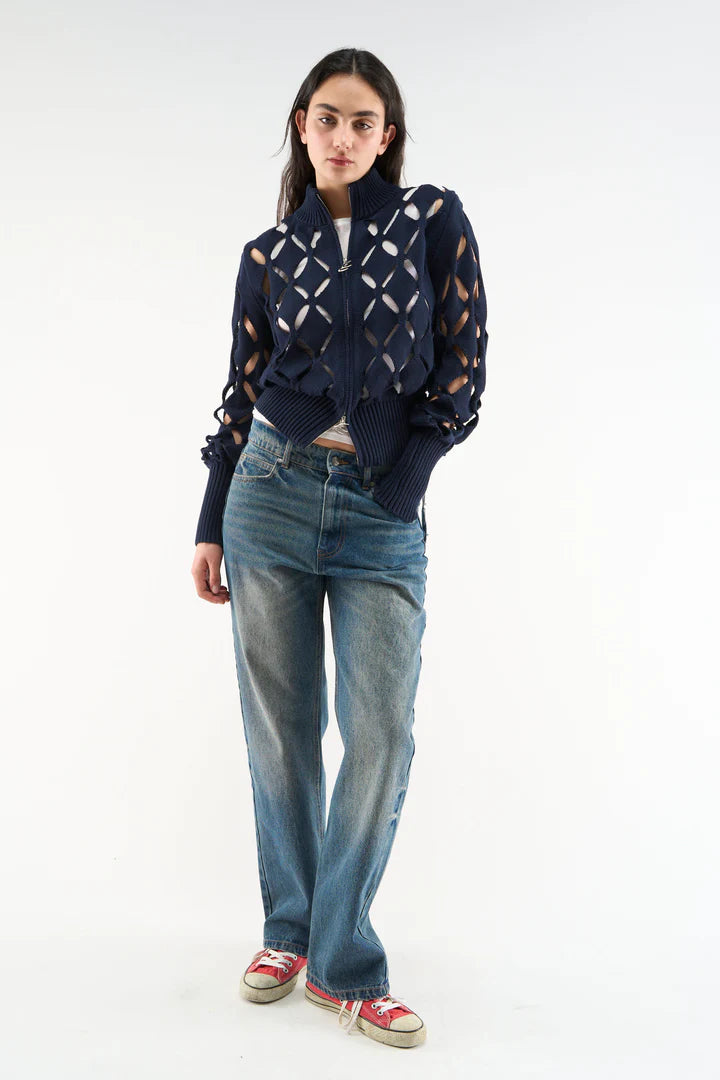 Cambodia Holes Navy Zipper Knit